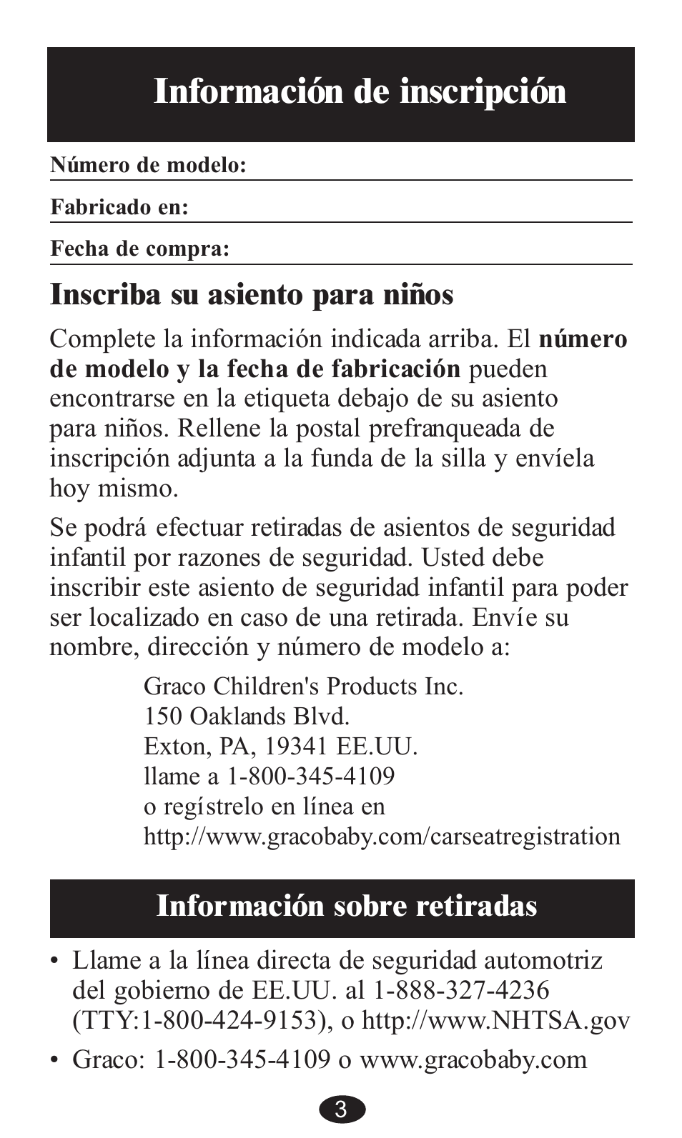 Información de inscripción, Inscriba su asiento para niños, Información sobre retiradas | Graco ISPB057BA User Manual | Page 43 / 80