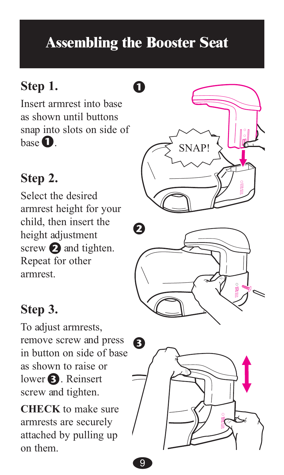Assembling the booster seat, Step 1, Step 2 | Step 3 | Graco ISPB057BA User Manual | Page 9 / 80