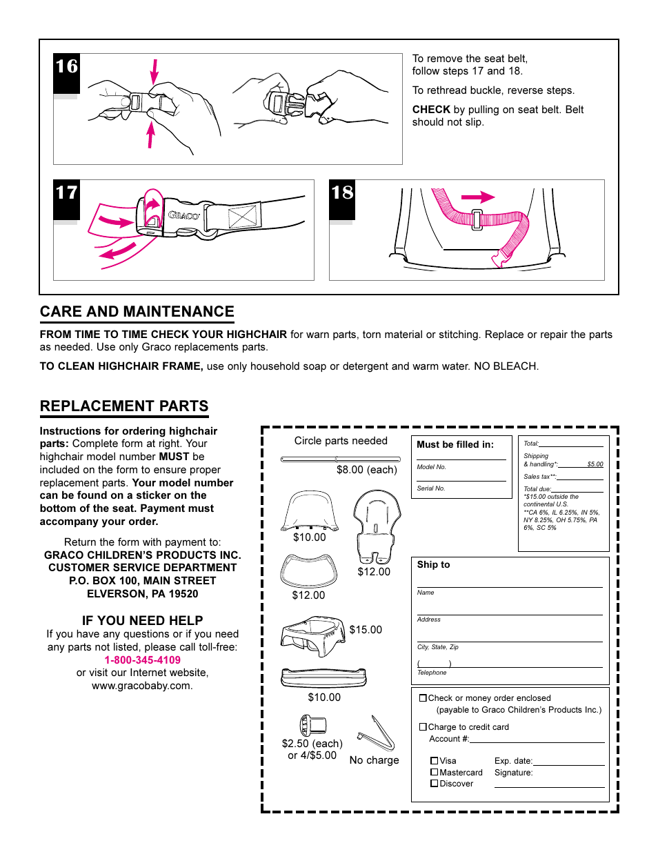 Care and maintenance, Replacement parts, If you need help | Graco 3165 User Manual | Page 4 / 4