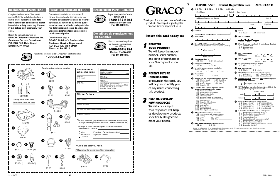 Bm bl bn bt bu bs br bq bo bp cl cm cn co cp, Replacement parts (usa) piezas de repuesto (ee.uu), Replacement parts (canada) | Des pièces de remplacement (au canada), Return this card today to, Important! product registration card important | Graco 4530 User Manual | Page 12 / 20