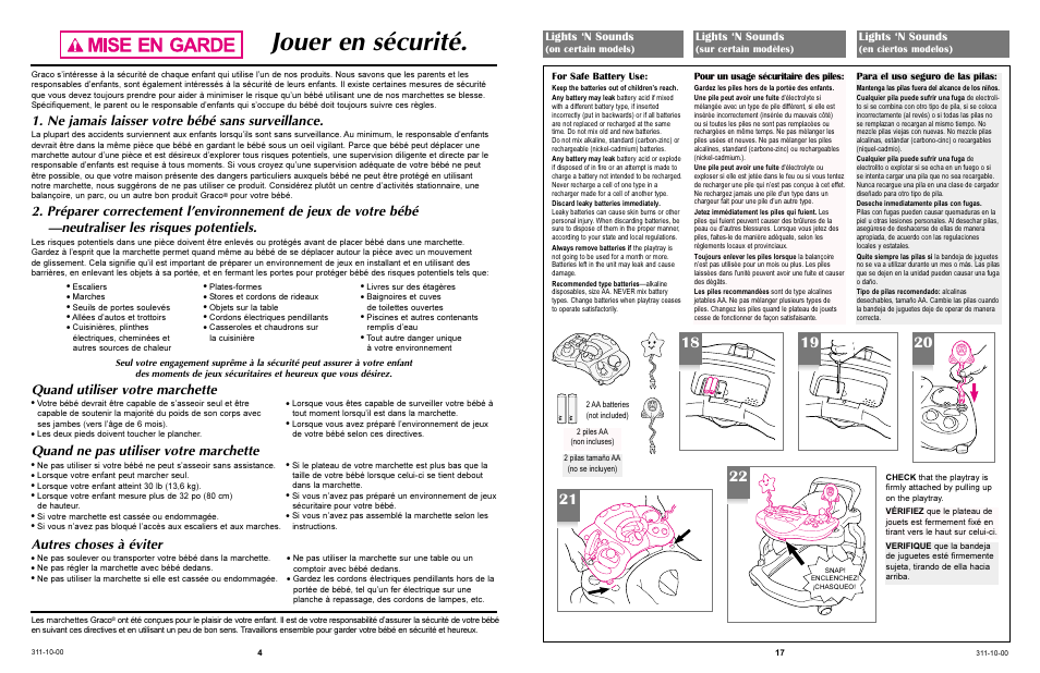 Jouer en sécurité, Ne jamais laisser votre bébé sans surveillance, Quand utiliser votre marchette | Quand ne pas utiliser votre marchette, Autres choses à éviter, Lights ‘n sounds | Graco 4530 User Manual | Page 17 / 20