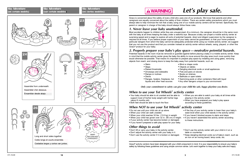 Let’s play safe, Never leave your baby unattended, Other things to avoid | When not to use your tot wheels, Activity center, When to use your tot wheels, Sky adventure | Graco 4530 User Manual | Page 18 / 20