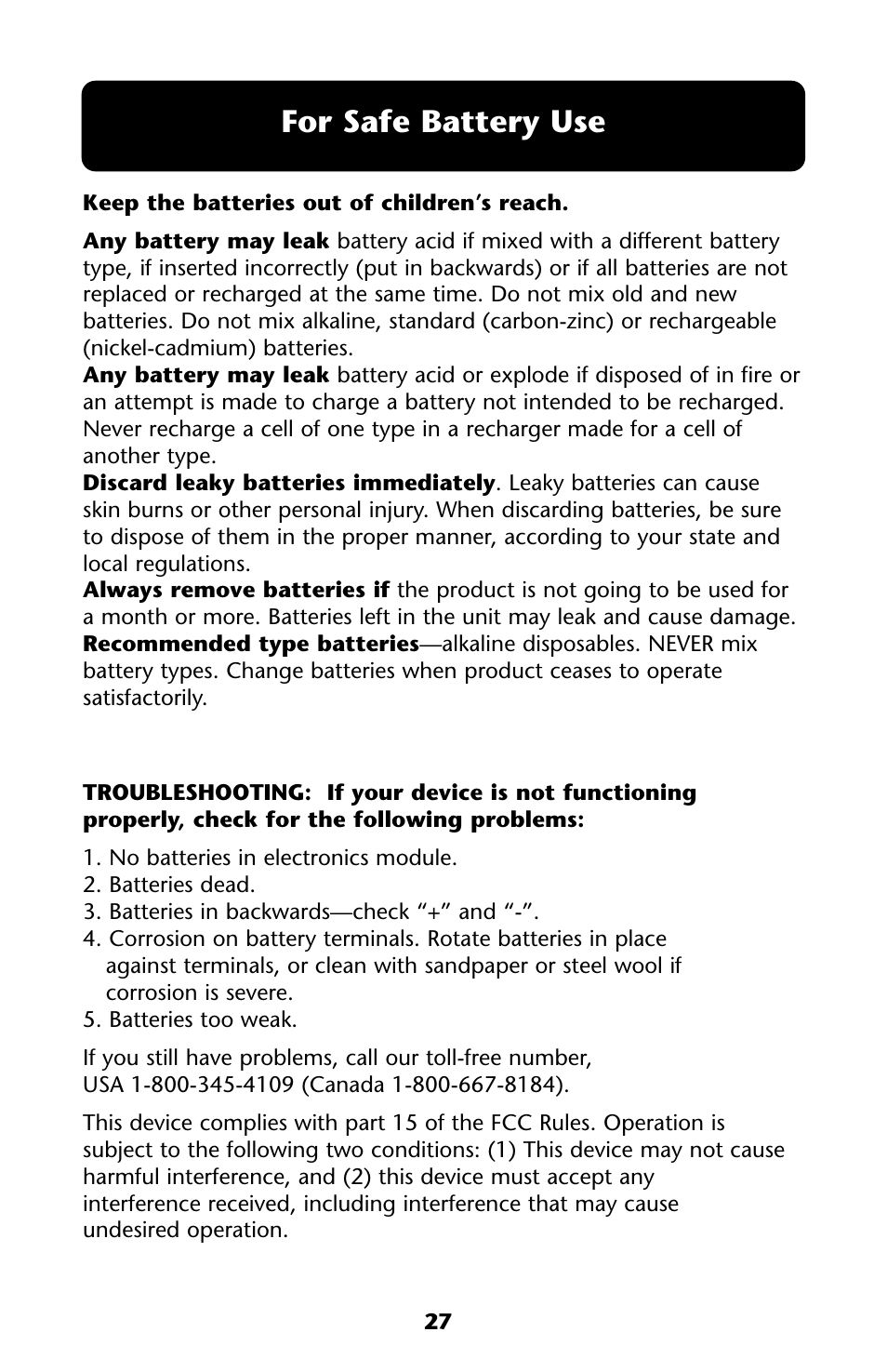 For safe battery use | Graco Crib User Manual | Page 27 / 40