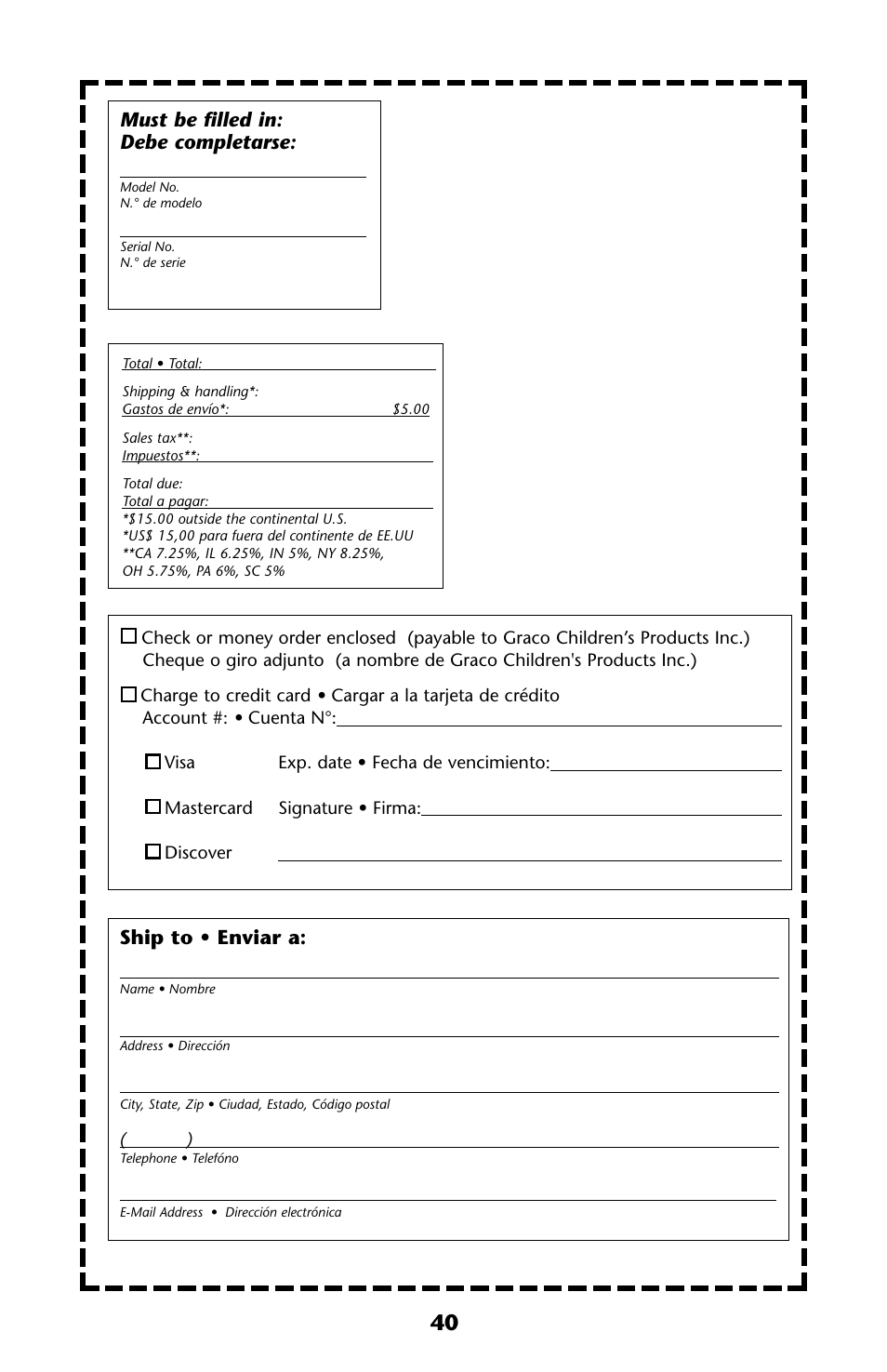 Ship to • enviar a, Must be filled in: debe completarse | Graco Crib User Manual | Page 40 / 40