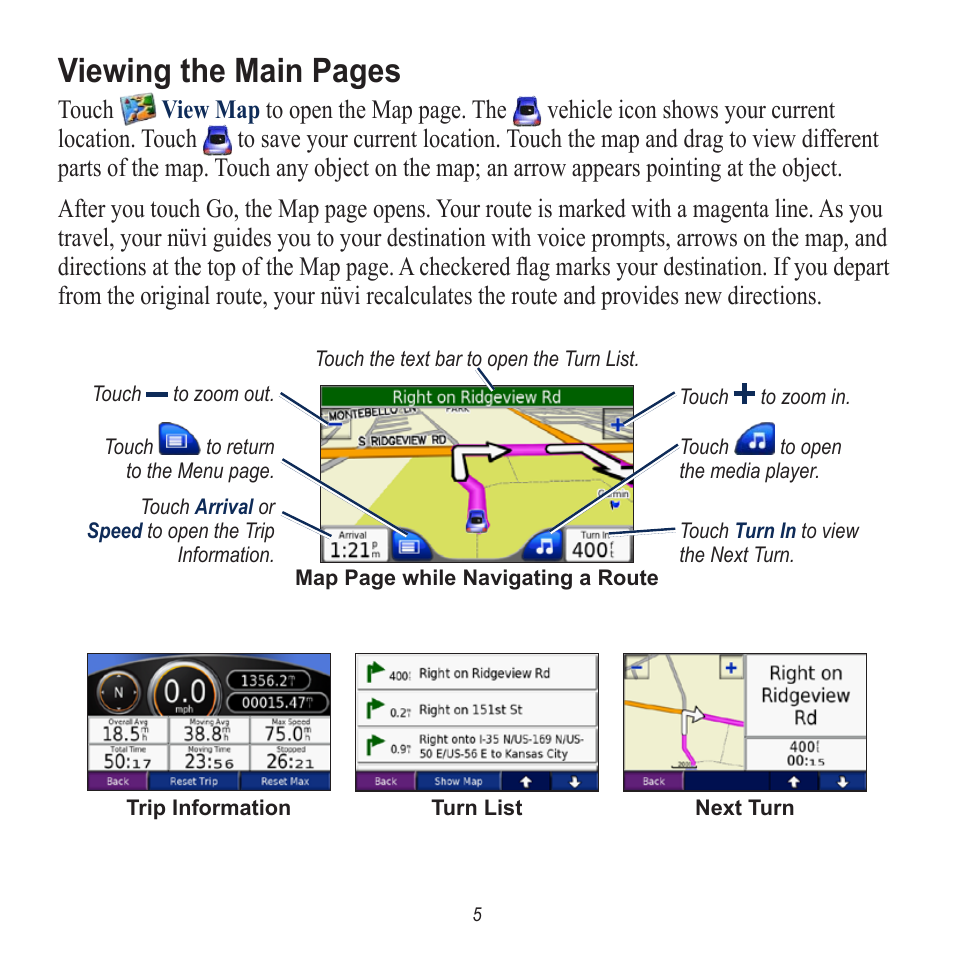 Viewing the main pages | Garmin nuvi 650 User Manual | Page 5 / 8