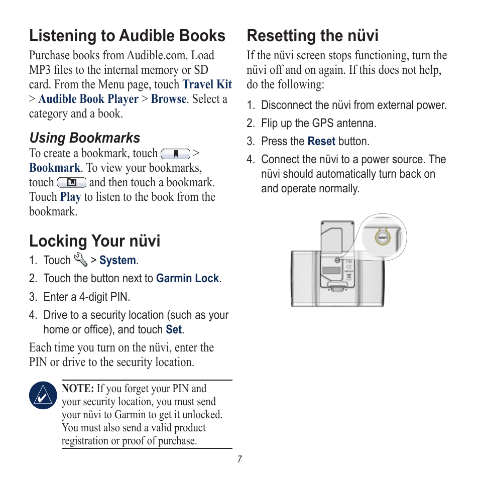 Listening to audible books, Using bookmarks, Locking your nüvi | Resetting the nüvi | Garmin nuvi 650 User Manual | Page 7 / 8