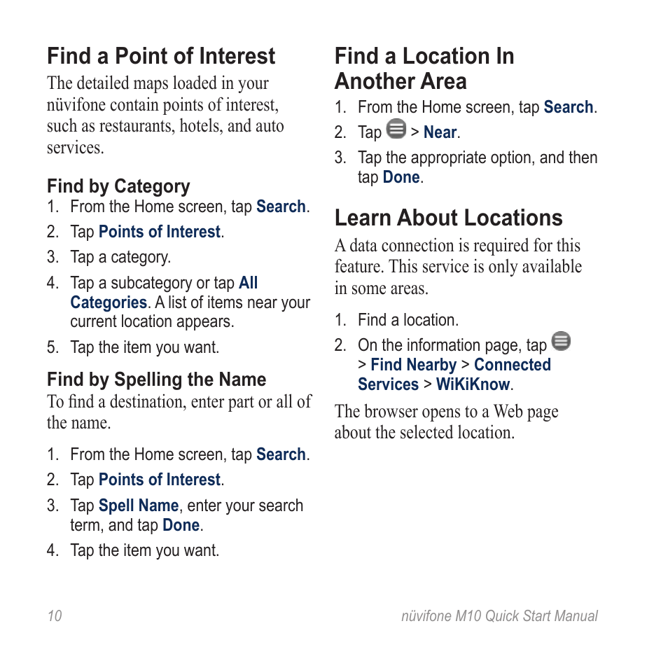 Find a point of interest, Find by category, Find by spelling the name | Find a location in another area, Learn about locations | Graco NUVIFONE M10 User Manual | Page 10 / 28