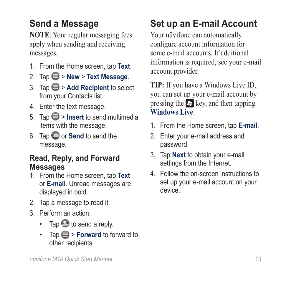 Send a message, Read, reply, and forward messages, Set up an e-mail account | Graco NUVIFONE M10 User Manual | Page 13 / 28