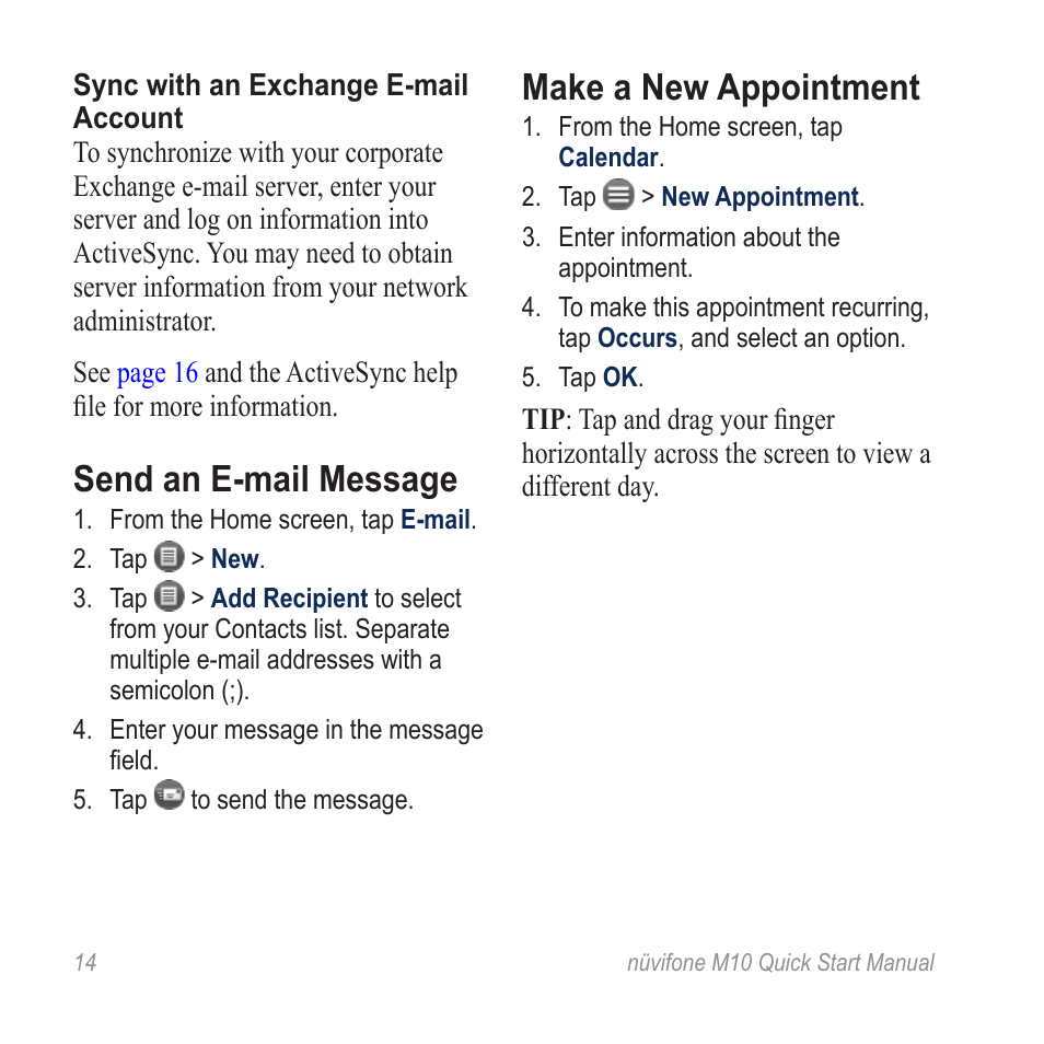 Sync with an exchange e-mail account, Send an e-mail message, Make a new appointment | Graco NUVIFONE M10 User Manual | Page 14 / 28