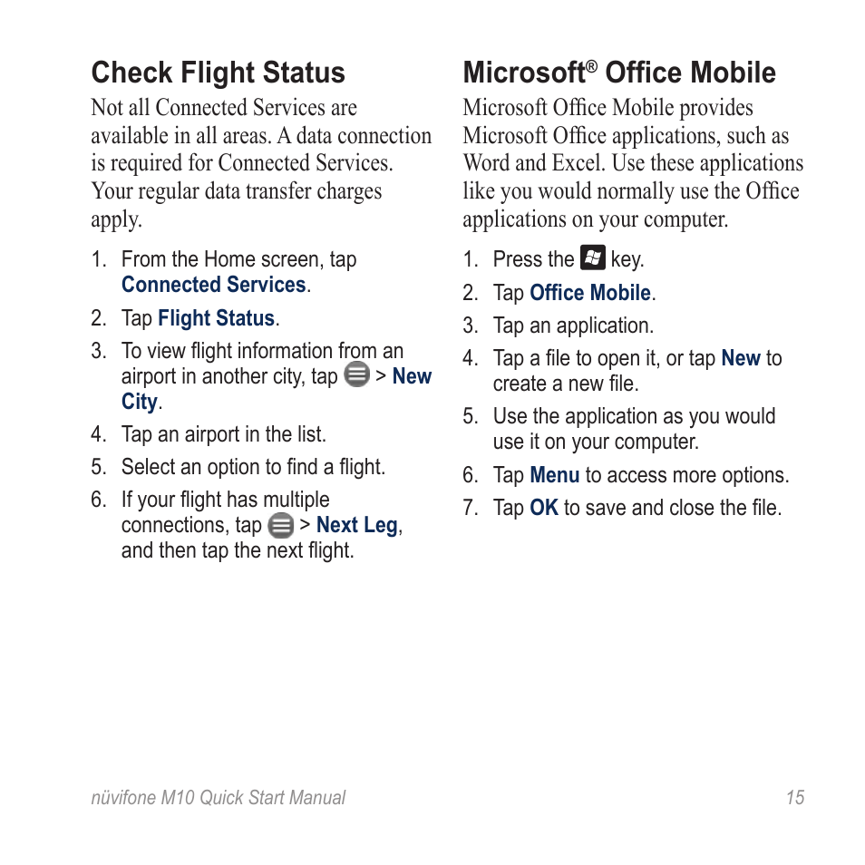 Check flight status, Microsoft® office mobile, Microsoft | Office mobile | Graco NUVIFONE M10 User Manual | Page 15 / 28