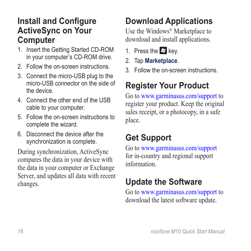 Install and configure activesync on your computer, Download applications, Register your product | Get support, Update the software | Graco NUVIFONE M10 User Manual | Page 16 / 28
