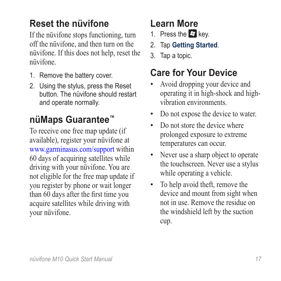 Reset the nüvifone, Nümaps guarantee, Learn more | Care for your device | Graco NUVIFONE M10 User Manual | Page 17 / 28