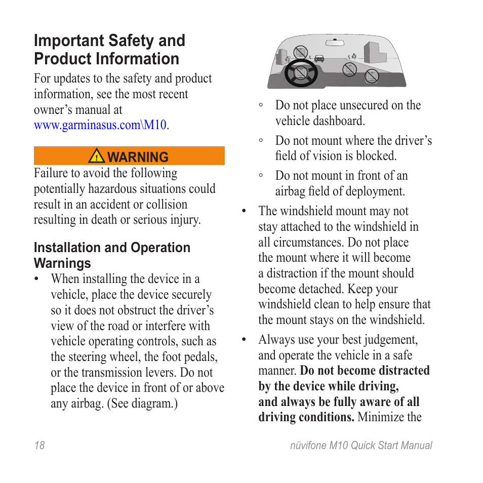 Important safety and product information, Installation and operation warnings | Graco NUVIFONE M10 User Manual | Page 18 / 28