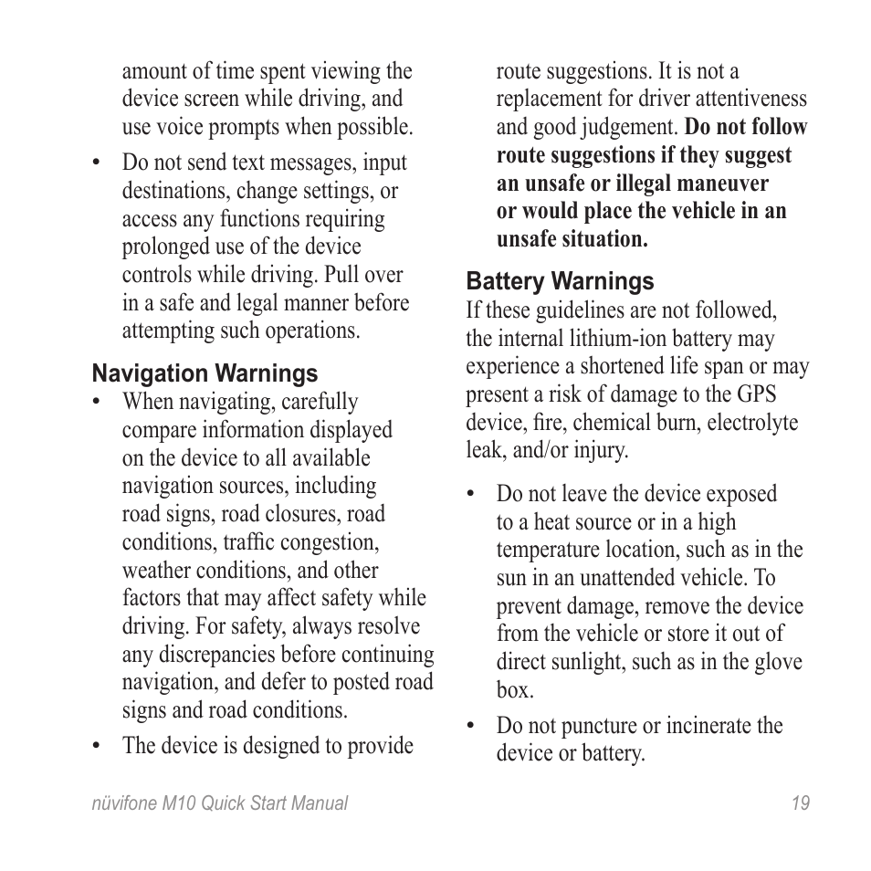Navigation warnings, Battery warnings | Graco NUVIFONE M10 User Manual | Page 19 / 28