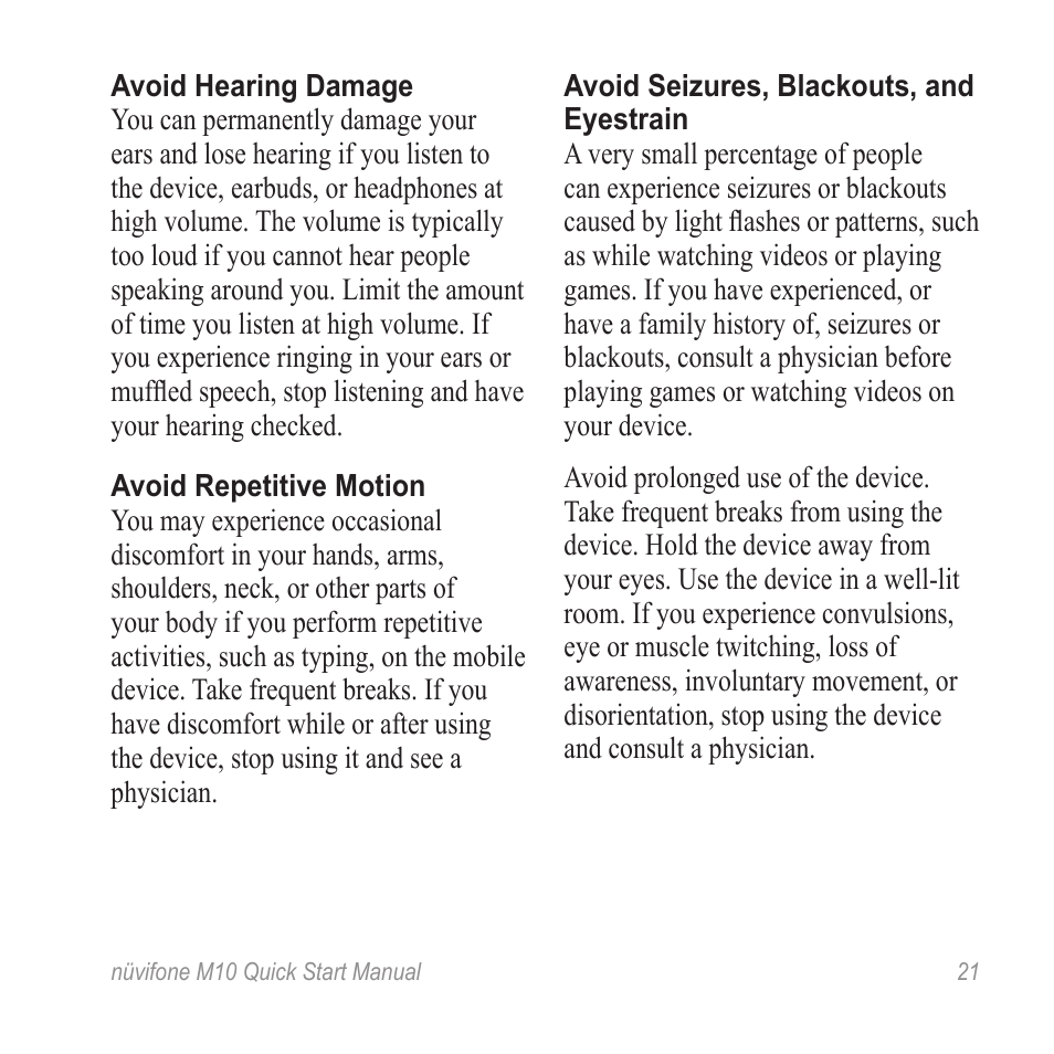 Avoid hearing damage, Avoid repetitive motion, Avoid seizures, blackouts, and eyestrain | Graco NUVIFONE M10 User Manual | Page 21 / 28