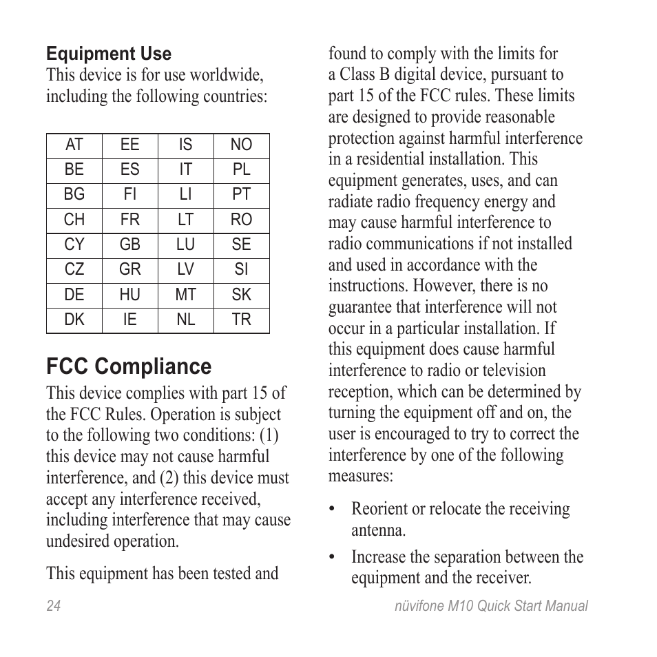 Fcc compliance | Graco NUVIFONE M10 User Manual | Page 24 / 28