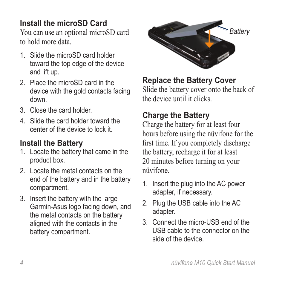 Install the microsd card, Install the battery, Replace the battery cover | Charge the battery | Graco NUVIFONE M10 User Manual | Page 4 / 28