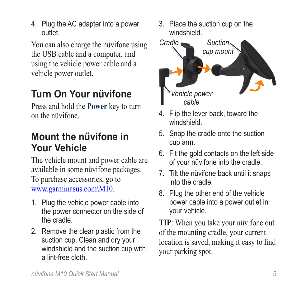 Turn on your nüvifone, Mount the nüvifone in your vehicle | Graco NUVIFONE M10 User Manual | Page 5 / 28
