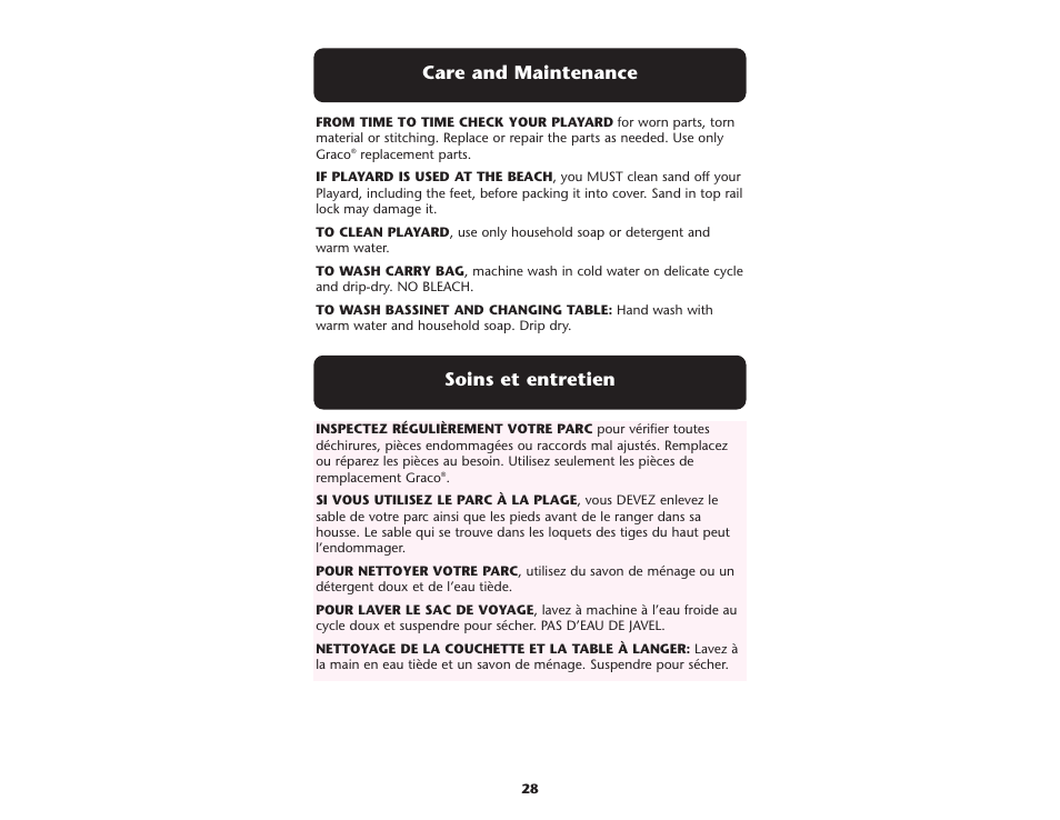 Soins et entretien, Care and maintenance | Graco ISPP062AA User Manual | Page 28 / 32