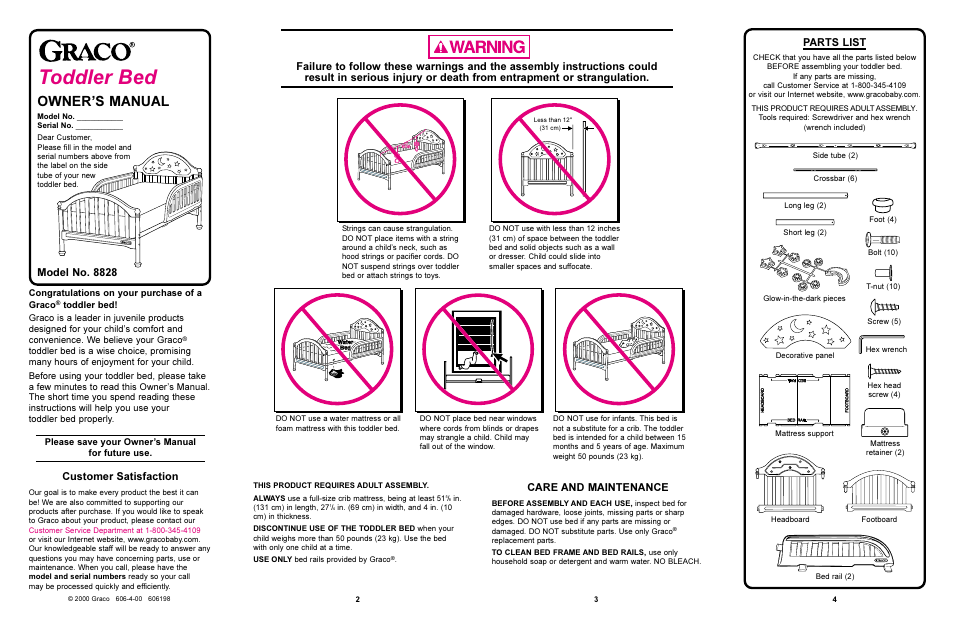 Toddler bed, Owners manual, Model no. 8828 | Care and maintenance, Parts list, Customer satisfaction | Graco 8828 User Manual | Page 2 / 4