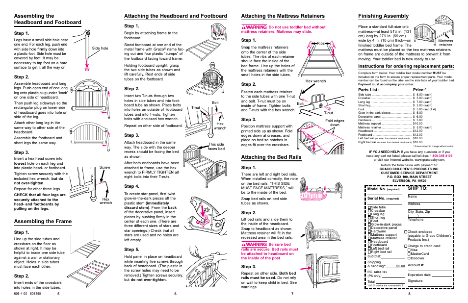 Finishing assembly, Attaching the headboard and footboard, Attaching the mattress retainers | Attaching the bed rails assembling the frame, Assembling the headboard and footboard, Step 1, Step 2, Step 3, Step 4, Step 5 | Graco 8828 User Manual | Page 3 / 4