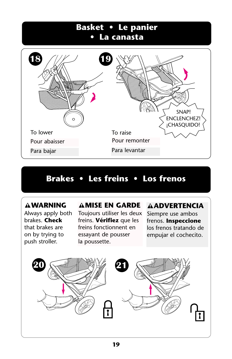 Basket • le panier • la canasta, Brakes • les freins • los frenos | Graco ISPA112AA User Manual | Page 19 / 40