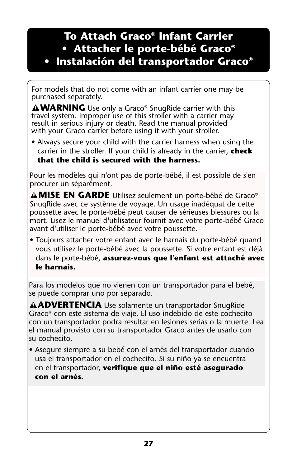 Infant carrier • attacher le porte-bébé graco, Instalación del transportador graco, Warning | Advertencia, Mise en garde | Graco ISPA112AA User Manual | Page 27 / 40