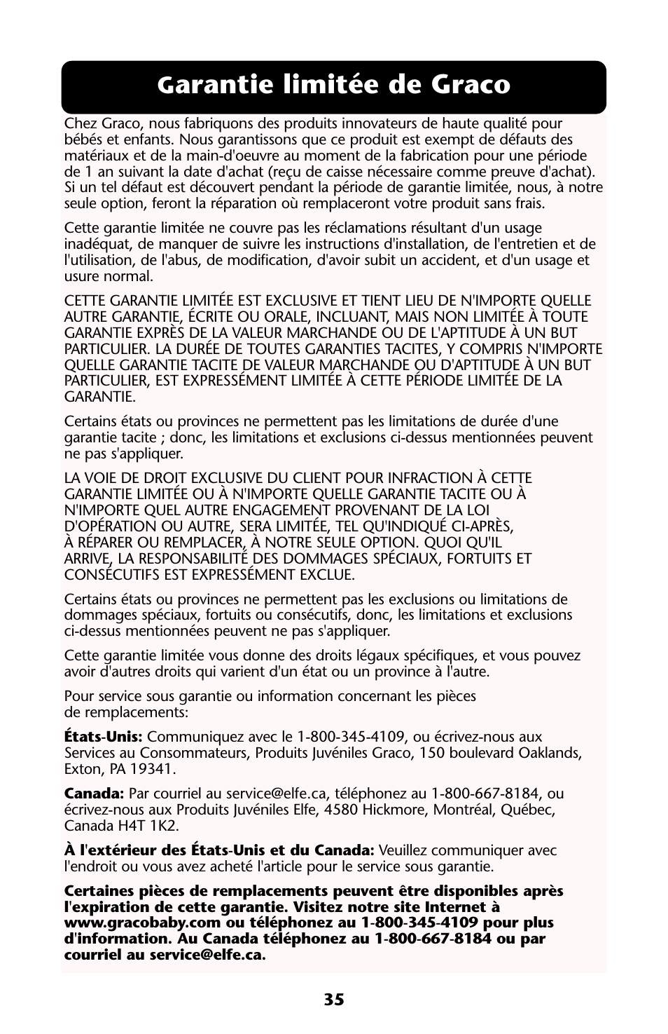 Arantie limitée de graco | Graco ISPA112AA User Manual | Page 35 / 40
