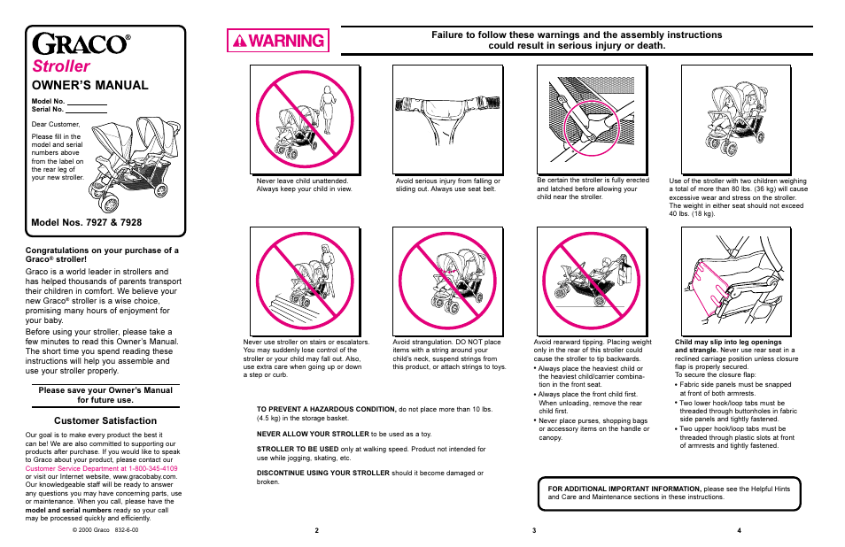 Stroller, Owners manual, Customer satisfaction | Graco 7927 User Manual | Page 2 / 8