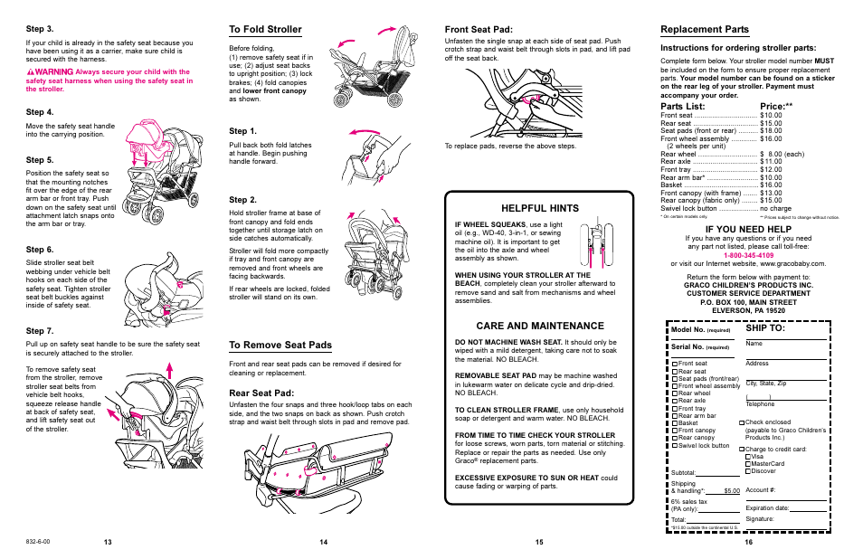 Replacement parts, Helpful hints, Care and maintenance | Parts list, Price, Rear seat pad, If you need help, Ship to, Front seat pad | Graco 7927 User Manual | Page 7 / 8