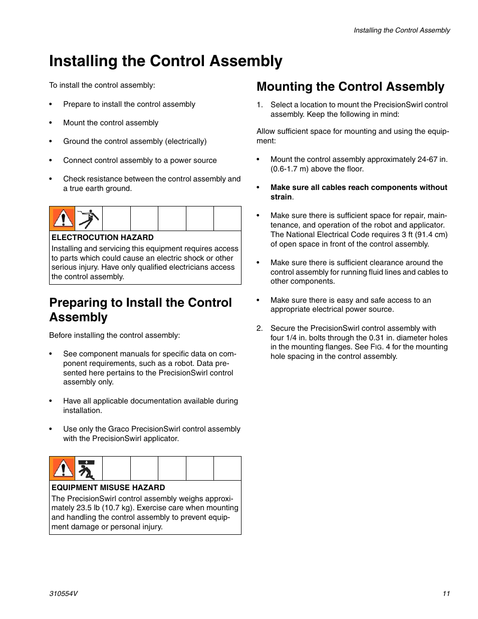 Installing the control assembly, Preparing to install the control assembly, Mounting the control assembly | Graco PRECISIONSWIRL 310554V User Manual | Page 11 / 46