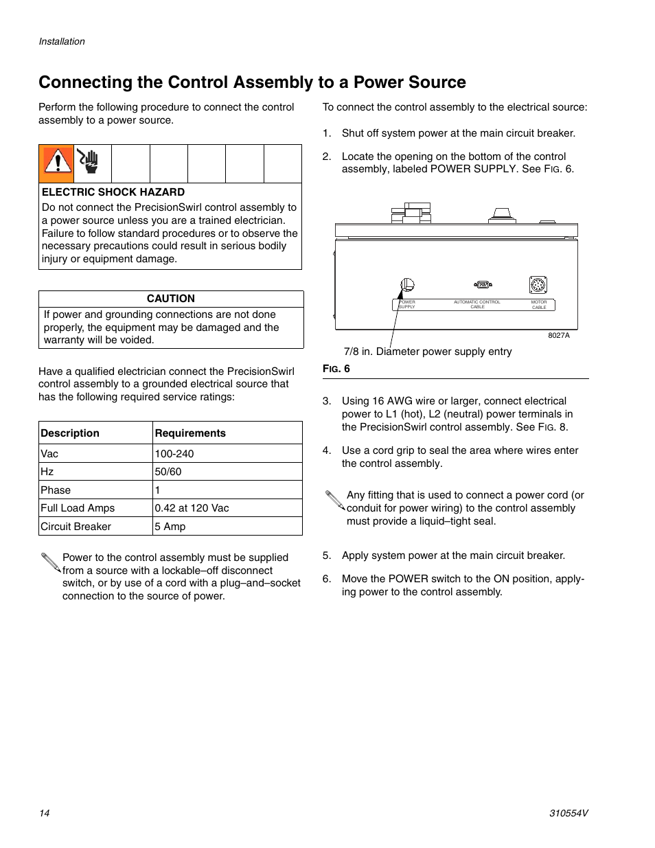 Connecting the control assembly to a power source, Connecting the control assembly to a power, Source | Graco PRECISIONSWIRL 310554V User Manual | Page 14 / 46