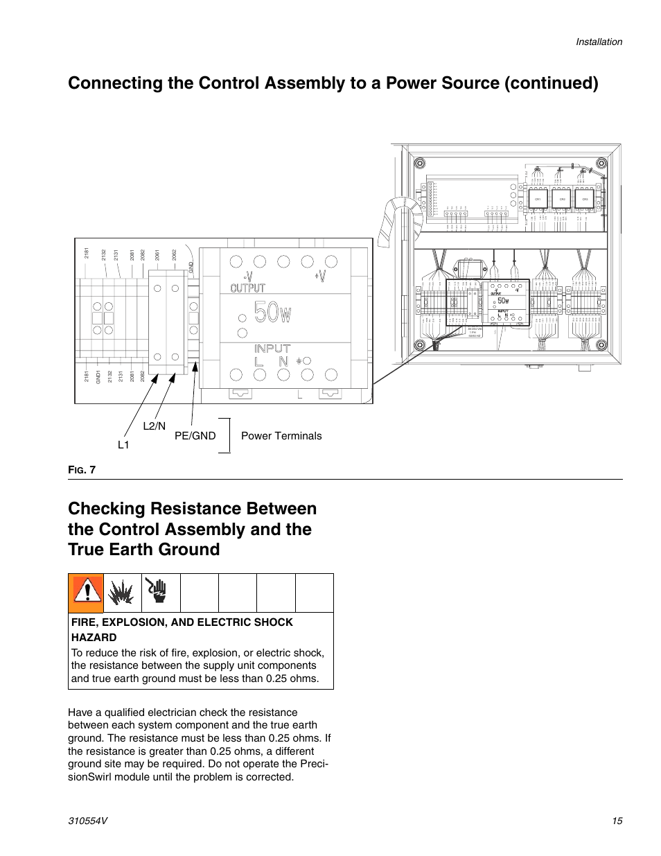 Connecting the control assembly to a power, Source (continued), Checking resistance between the control | Assembly and the true earth ground | Graco PRECISIONSWIRL 310554V User Manual | Page 15 / 46