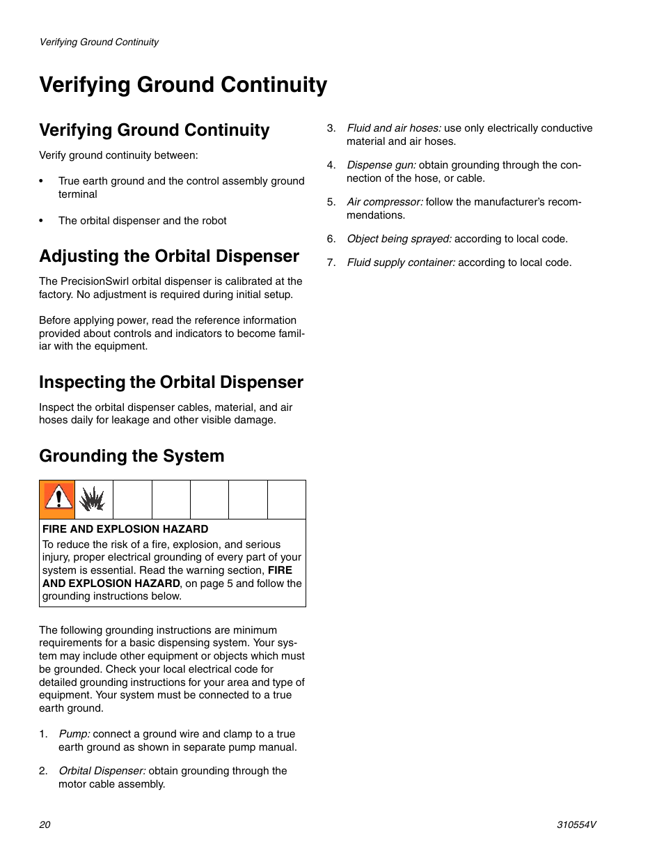 Verifying ground continuity, Adjusting the orbital dispenser, Inspecting the orbital dispenser | Grounding the system | Graco PRECISIONSWIRL 310554V User Manual | Page 20 / 46