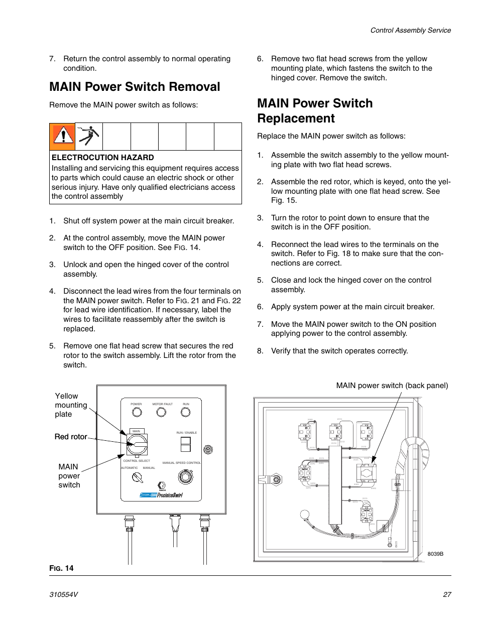 Main power switch removal, Main power switch replacement, 21 an d f | Red rotor yellow main power switch | Graco PRECISIONSWIRL 310554V User Manual | Page 27 / 46