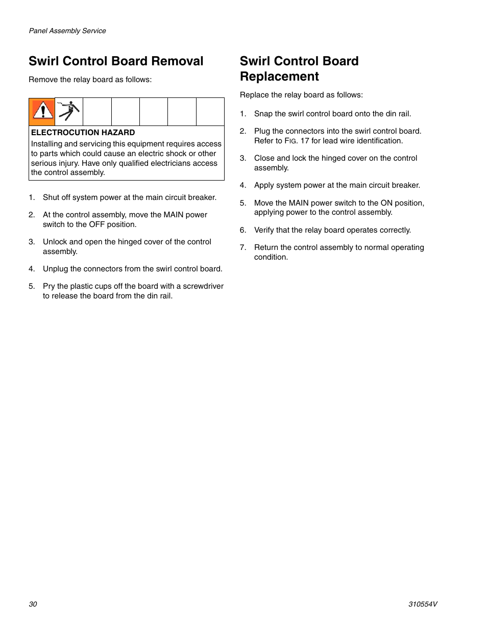 Swirl control board removal, Swirl control board replacement | Graco PRECISIONSWIRL 310554V User Manual | Page 30 / 46