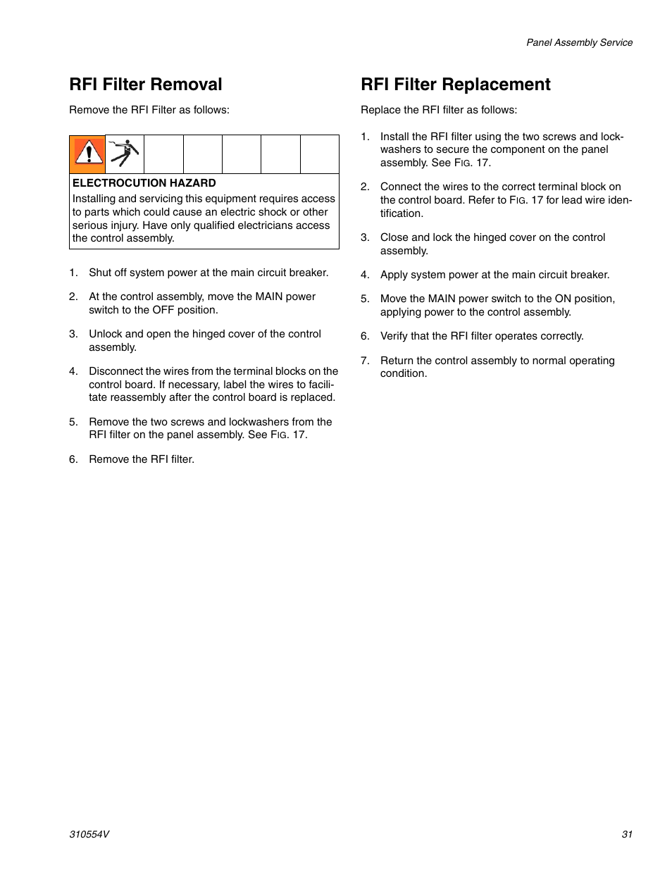 Rfi filter removal, Rfi filter replacement, E 31) | Graco PRECISIONSWIRL 310554V User Manual | Page 31 / 46