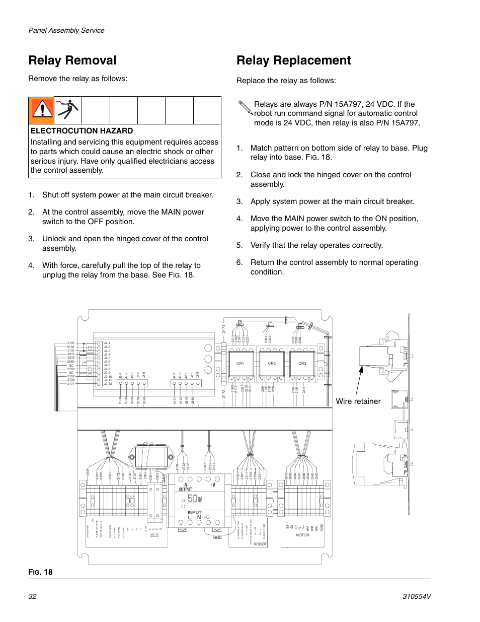 Relay removal, Relay replacement, E 32) | Wire retainer | Graco PRECISIONSWIRL 310554V User Manual | Page 32 / 46