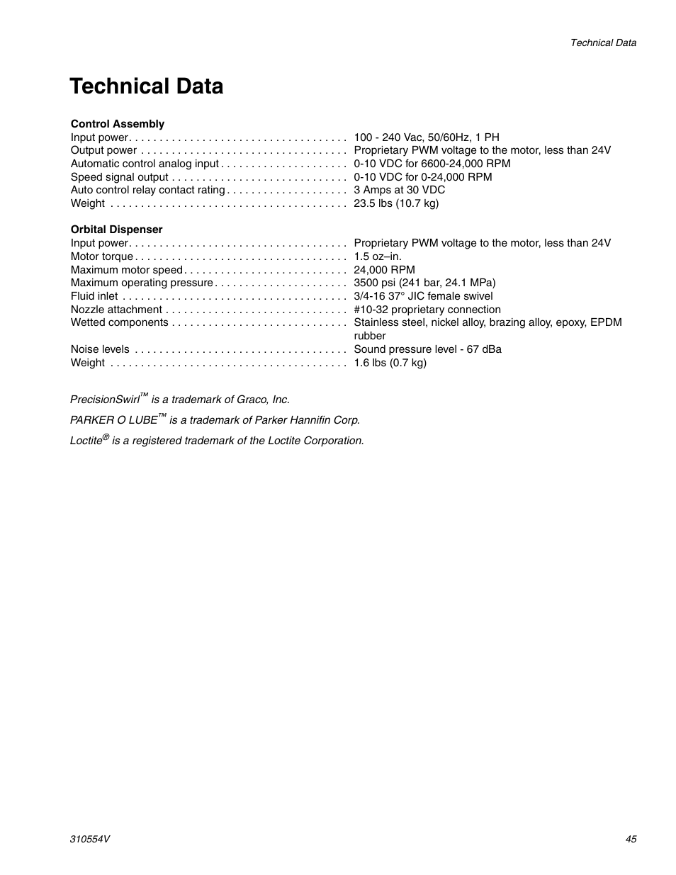 Technical data | Graco PRECISIONSWIRL 310554V User Manual | Page 45 / 46