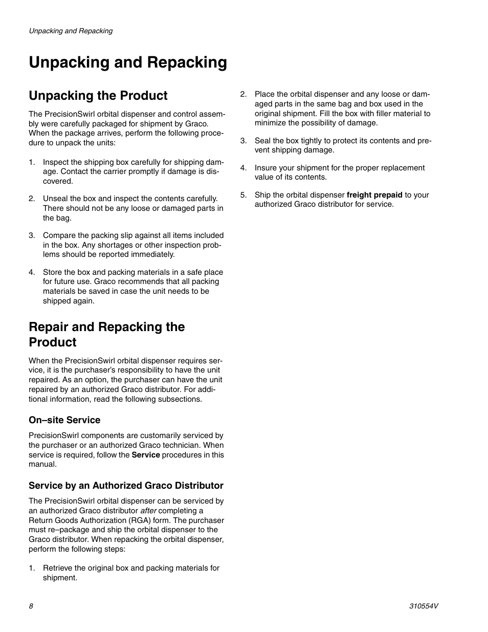 Unpacking and repacking, Unpacking the product, Repair and repacking the product | Graco PRECISIONSWIRL 310554V User Manual | Page 8 / 46