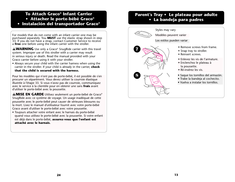 Infant carrier • attacher le porte-bébé graco, Instalación del transportador graco, Mise en garde | Warning | Graco ISPA089AD User Manual | Page 13 / 128