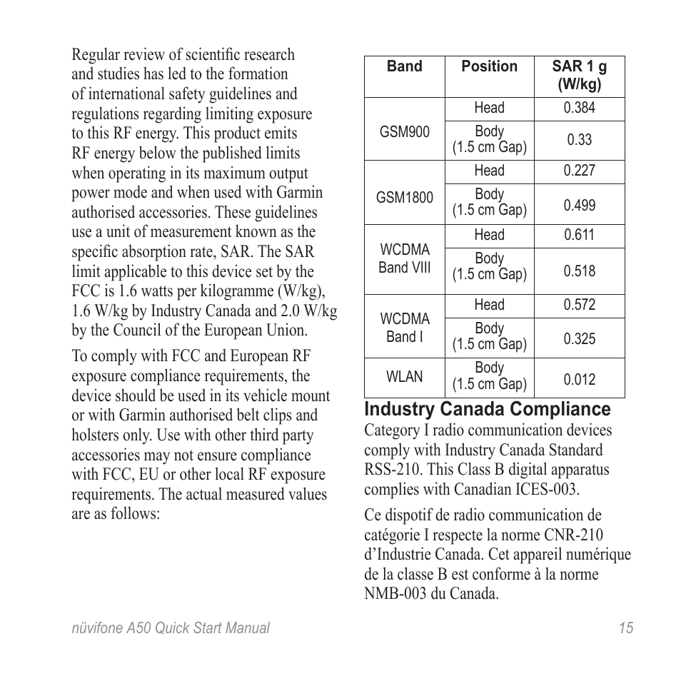 Industry canada compliance | Graco NUVIFONE 50Q User Manual | Page 15 / 20