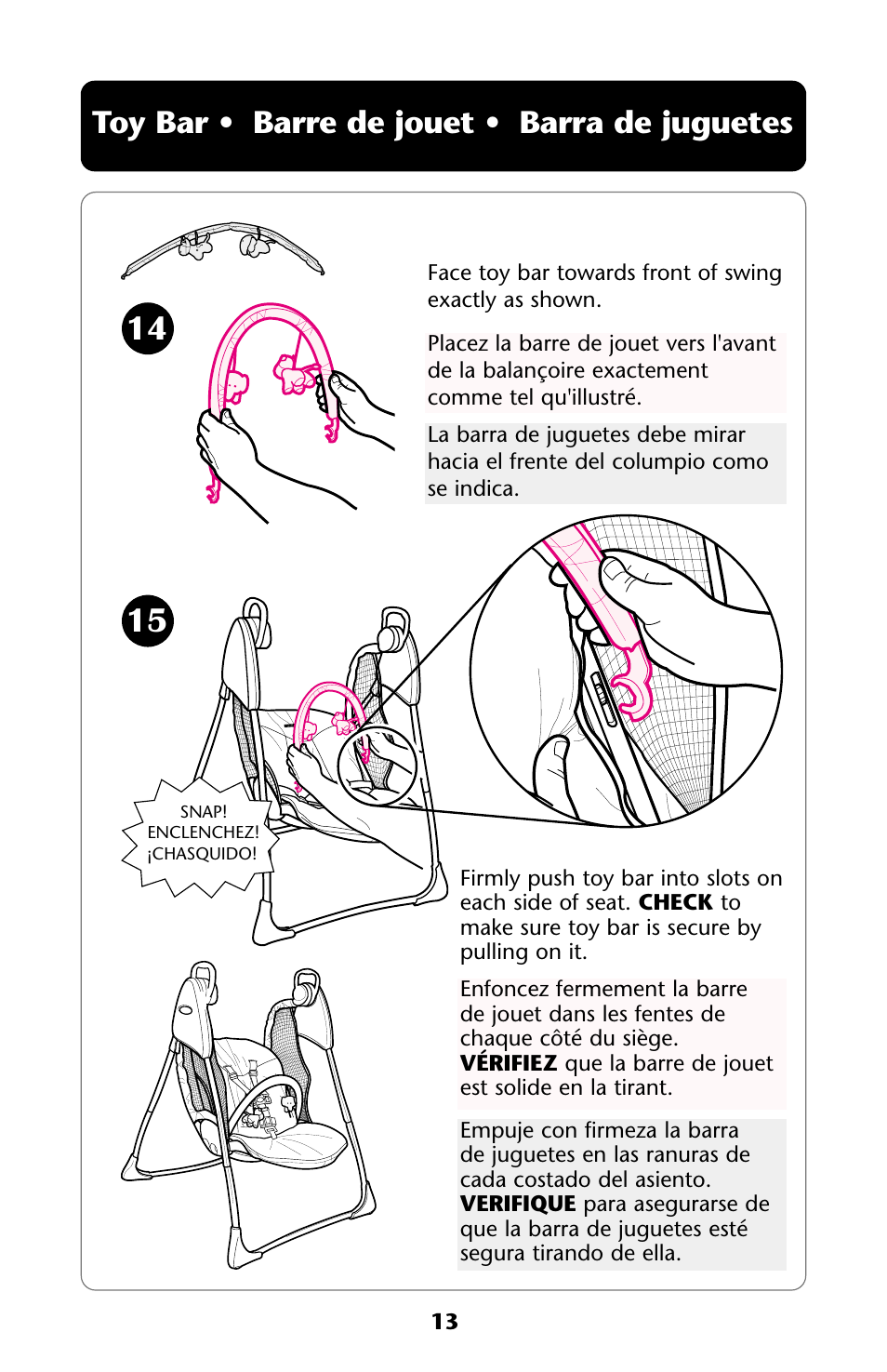 Toy bar • barre de jouet • barra de juguetes | Graco ISPS013AC User Manual | Page 13 / 40