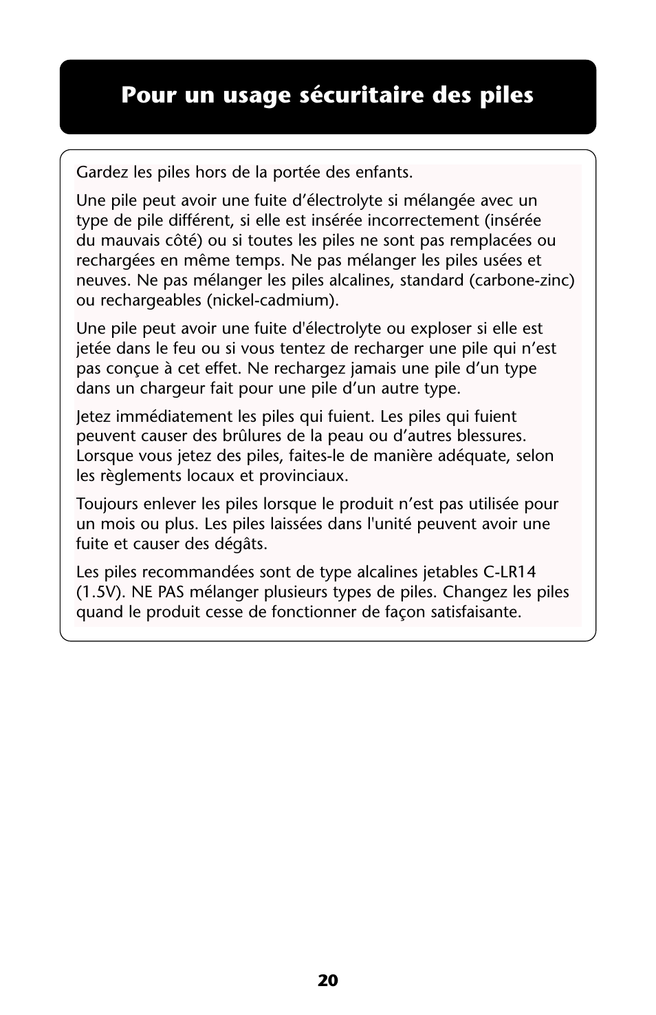 Pour un usage sécuritaire des piles | Graco ISPS013AC User Manual | Page 20 / 40