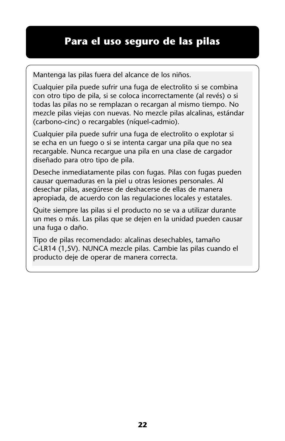 Para el uso seguro de las pilas | Graco ISPS013AC User Manual | Page 22 / 40