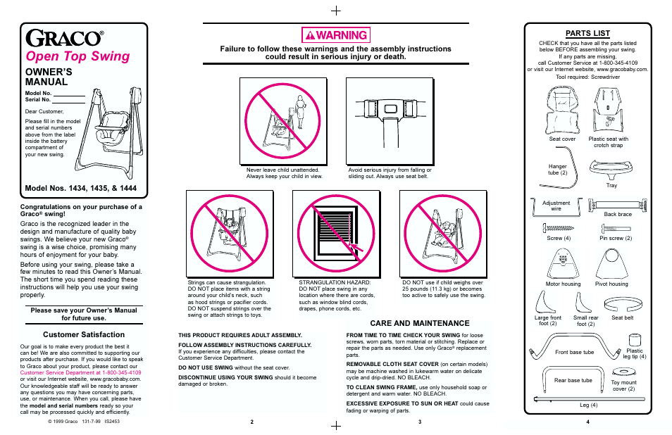 Open top swing, Owners manual, Care and maintenance | Customer satisfaction | Graco 1444 User Manual | Page 2 / 8
