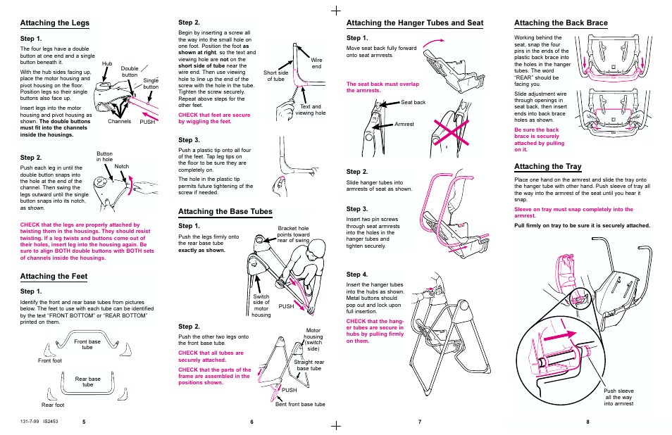 Attaching the legs, Attaching the base tubes, Attaching the hanger tubes and seat | Attaching the back brace, Attaching the feet, Attaching the tray | Graco 1444 User Manual | Page 4 / 8