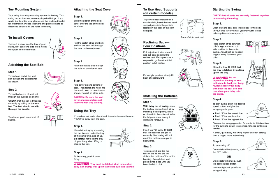 Using the tray, Attaching the seat cover, Starting the swing | Toy mounting system | Graco 1444 User Manual | Page 6 / 8