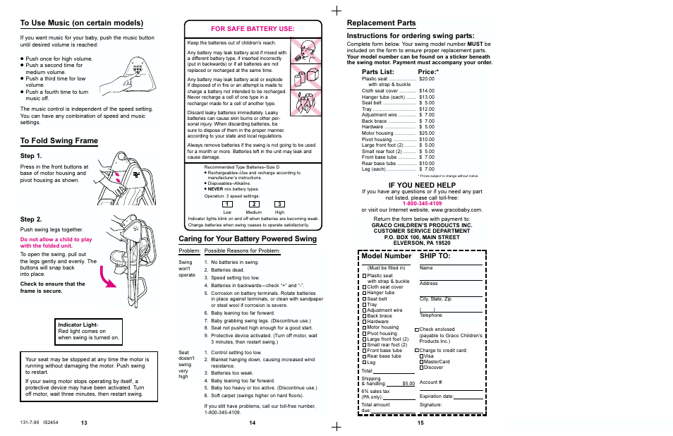 Replacement parts, Caring for your battery powered swing, Instructions for ordering swing parts | Model number, Ship to, If you need help, For safe battery use: parts list, Price, Step 1, Step 2 | Graco 1444 User Manual | Page 7 / 8