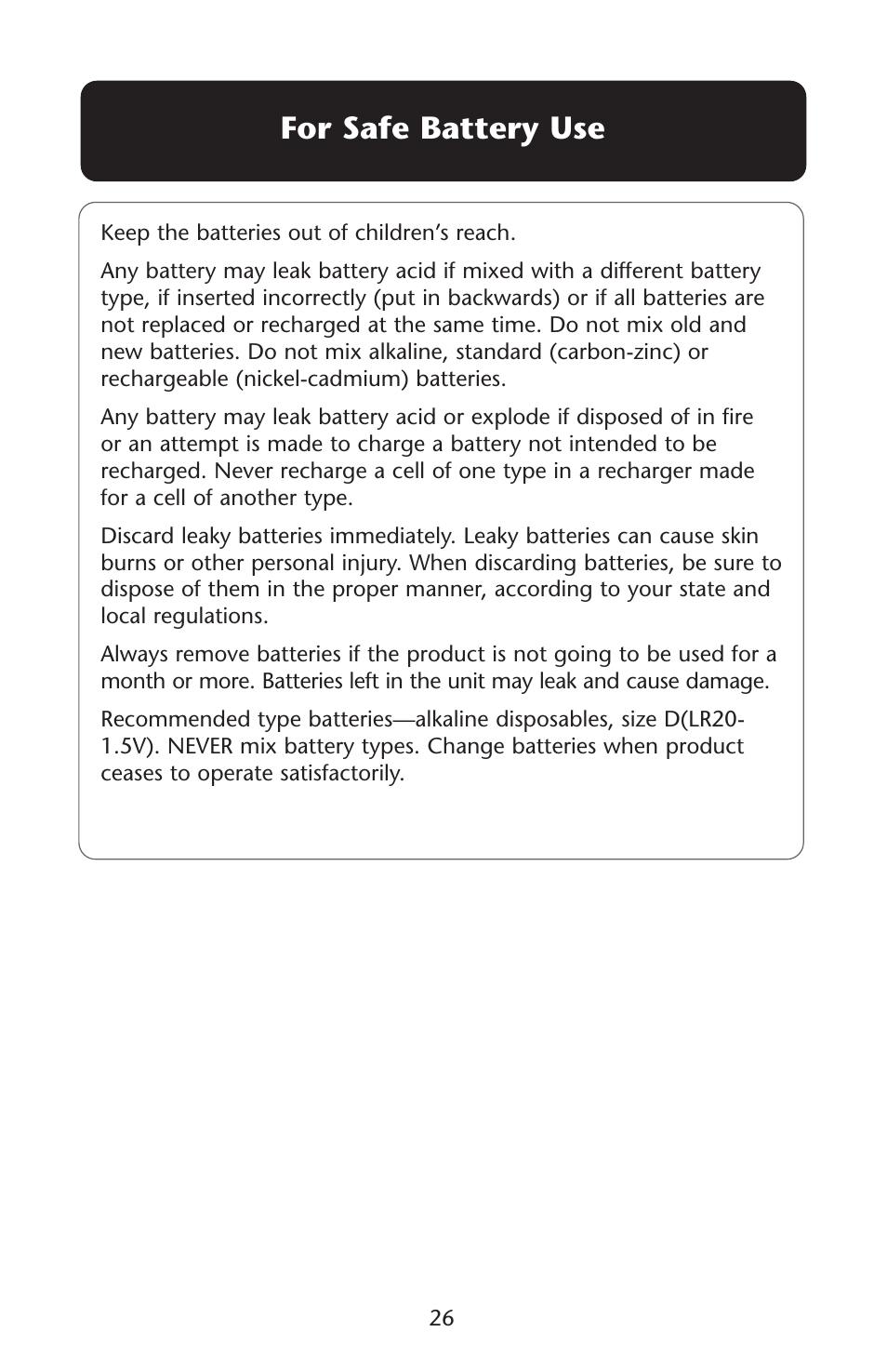 For safe battery use | Graco Lovin' Hug 1757814 User Manual | Page 26 / 48